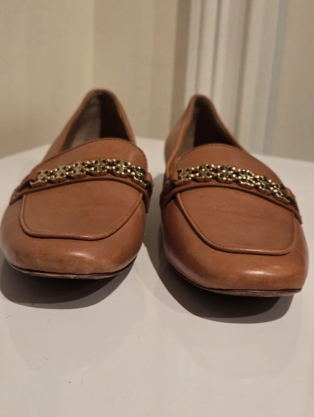 Tory Burch Gemini Link Leather Loafers Tan/light Brown Gold Hardware Size 7.5